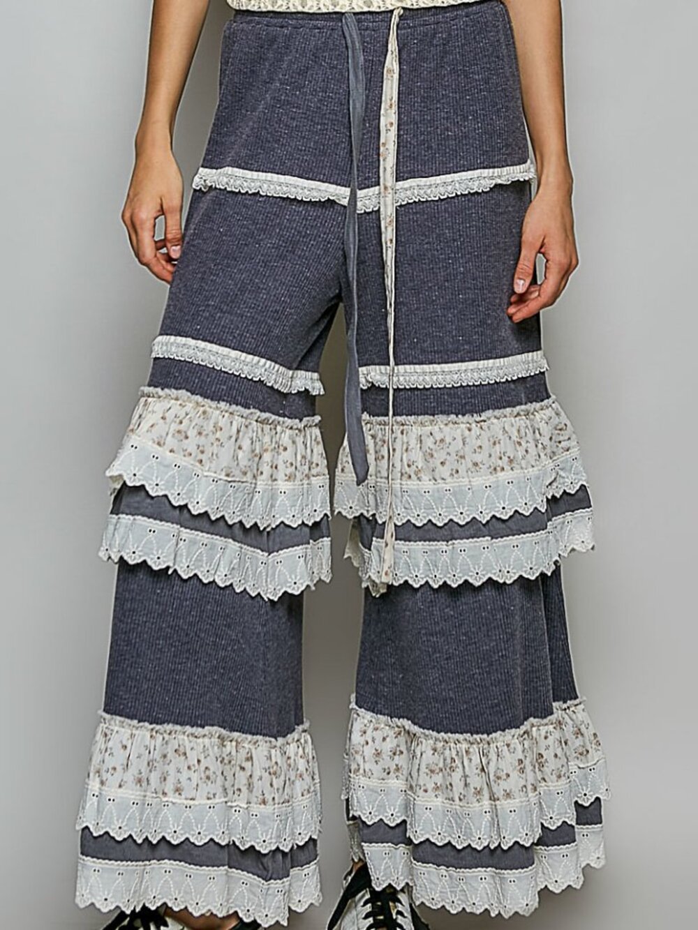 POL TIERED BOHO PANTS-CHARCOAL BLUE - Picture 1 of 2